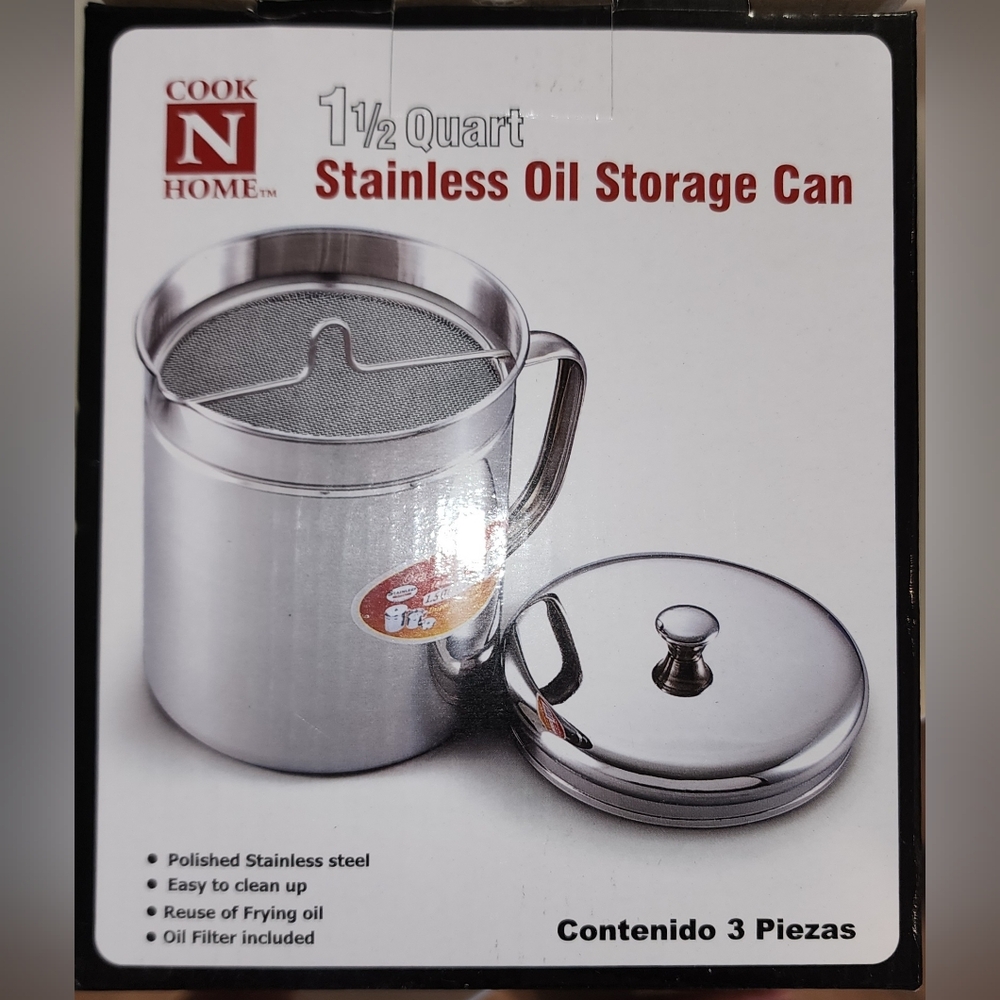 1.5 Quart Stainless Oil Storage Can w/Filter | Cook N Home | Bacon Grease Frying